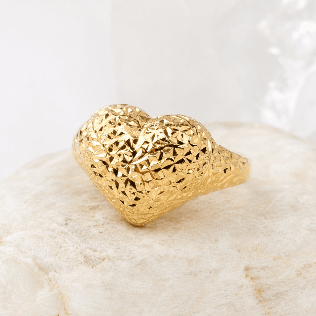 Solid 10K gold diamond-cut nugget heart ring, Jade Gold NYC.